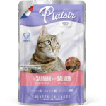 بلايسير طعام رطب للقطط بنكهة سمك السلمون وسمك القد مع المرق